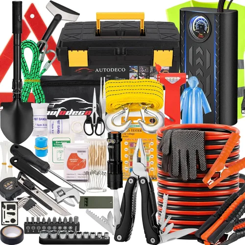 Kit de asistencia de emergencia para automóvil con compresor de aire portátil, cables de puente, martillo de seguridad, todo en uno, juego de Negro