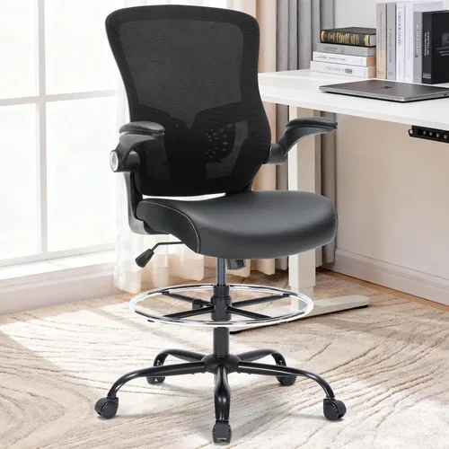 Miniatura 2 de Silla de dibujo, silla de oficina alta con asiento de piel sintética, silla de escritorio ergonómica de pie con soporte lumbar, silla de oficina