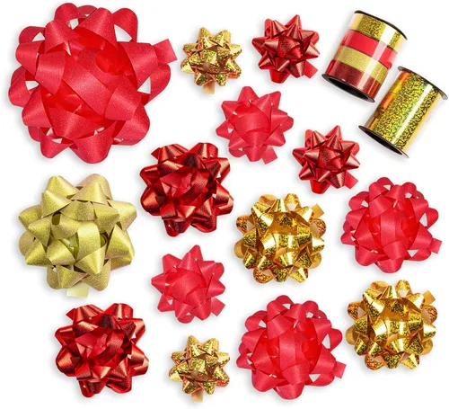 WRAPAHOLIC Surtido de 16 Lazos de Regalo - 14 Lazos de Regalo de Varios Colores y Tamaños Surtidos (Rojo con Brillo y Dorado) y 2 Cintas Rizadas
