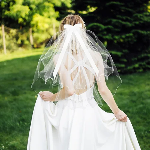 Miniatura 2 de TIESOME Velo de novia de boda con peine, corto de tul de 2 niveles de tul para novia, velo de tul, engarzado, velos de catedral, velo de niña