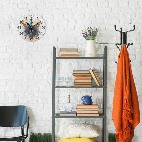 Miniatura 4 de Reloj de pared de pavo real con hermosas plumas, funciona con pilas, silencioso, de cuarzo, analógico, rústico, rústico, reloj redondo, decoración