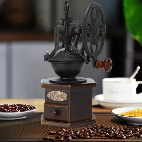 Miniatura 6 de IMAVO Molinillo de café manual, molinillo de grano de café de madera con manivela de hierro fundido, diseño antiguo, perfecto para el hogar, Máquina