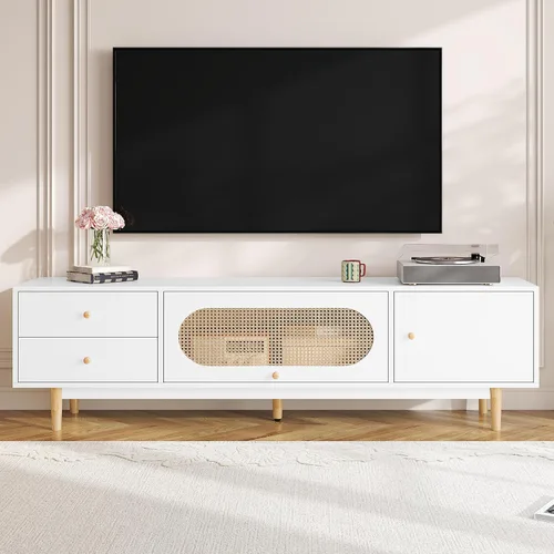 Miniatura 19 de JIVOIT Moderno soporte de TV de ratán para televisores de hasta 80 pulgadas, mesa consola inspirada en ratán con 3 gabinetes y 2 cajones, armario