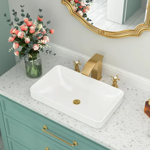 Miniatura 23 de Fregadero de baño de porcelana de cerámica rectangular de 24 x 14 pulgadas sobre mostrador, lavabo de arte blanco y negro