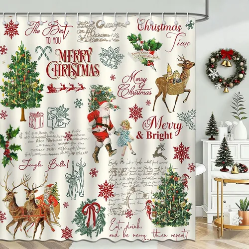 Mocsicka Cortina de ducha retro de Navidad, árbol de Navidad, Papá Noel, cortina de ducha de baño, cortina de ducha de tela impermeable vintage de