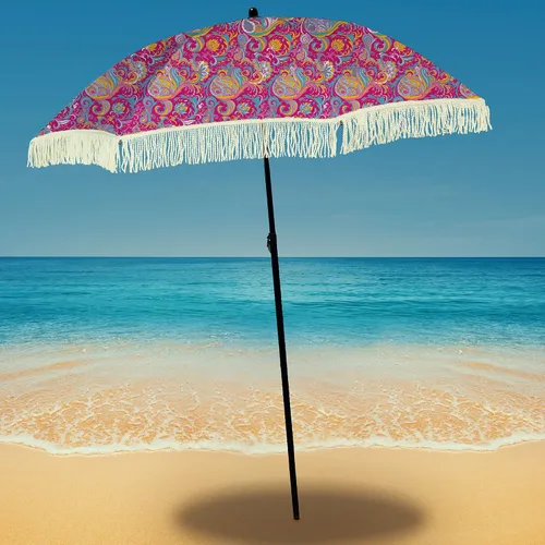Miniatura 44 de Sombrilla de playa para arena, resistente al viento, con bolsa de anclaje de arena, portátil, flecos, bolsa de mezclilla, cuenta con parte inferior
