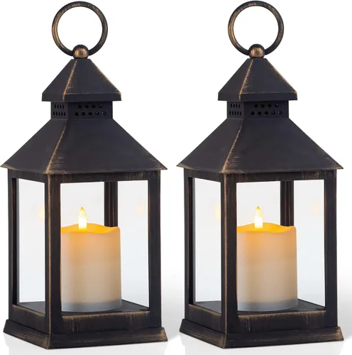 Farol decorativo vintage dorado cepillado negro con vela LED parpadeante sin llama con temporizador, linternas decorativas colgantes LED alimentadas