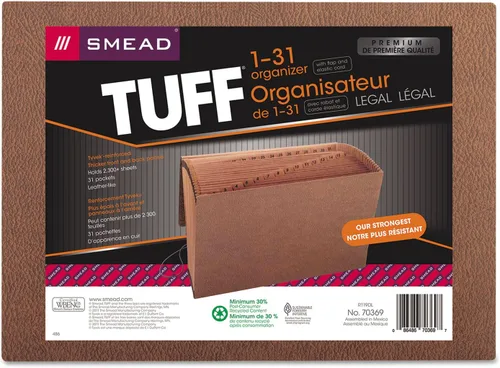 Smead TUFF - Archivo expansible, 31 bolsillos, diario (1-31), cierre de solapa y cordón, tamaño legal, cuerda roja (70369)