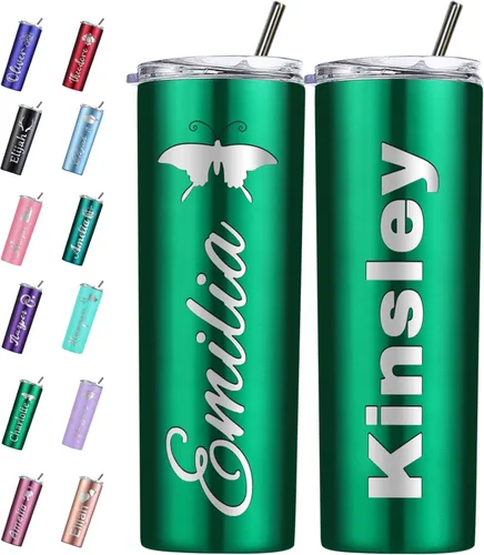 Miniatura 12 de Vaso personalizado personalizado con nombre grabado y logotipo, vasos delgados personalizados con tapa y pajita, vaso aislado de acero inoxidable