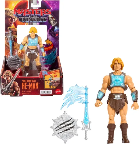 Masters of the Universe Figura de la característica Power Sword Slash He-Man, movimiento de acción de giro y liberación, 5.5 pulgadas con accesorio,