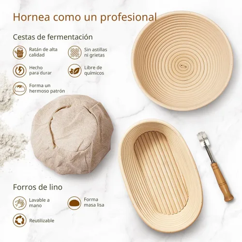 Miniatura 2 de BAVIFY Kit Inicial para Masa Madre, Juego de Cestas Redondas de 9" y Ovaladas de 10" para Prueba de Pan Banneton, Suministros para Hornear Pan