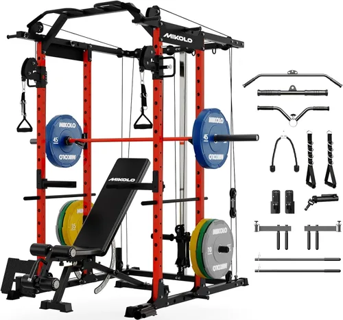 Miniatura 9 de Mikolo Jaula de Potencia, Rack de Potencia con Sistema de Cruce de Cables, 1500LBS Rack para Sentadillas con Sistema de Jalón LAT, Jaula de Rojo