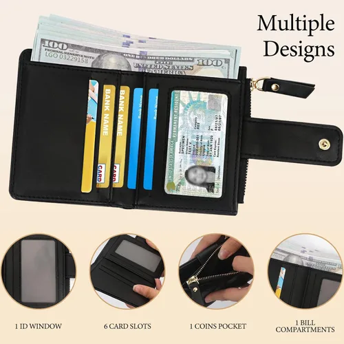 Miniatura 3 de Unaone Cartera pequeña para mujer, cartera de cuero con ventana de identificación y bolsillo para monedas con cremallera, Negro -, Moda
