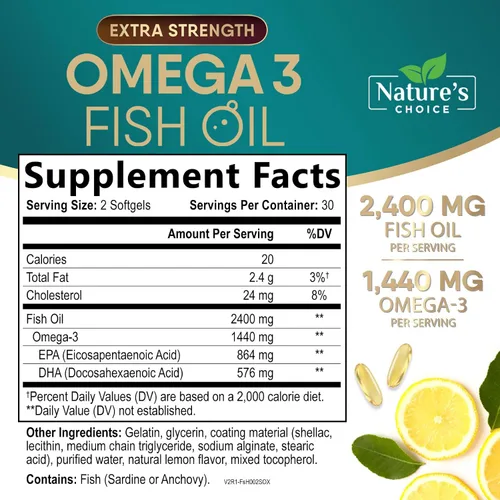 Miniatura 2 de Suplementos de aceite de pescado Omega 3 – 2400 mg de aceite de pescado por porción – Omega-3 de triple fuerza con ácidos grasos EPA y DHA – Apoyo