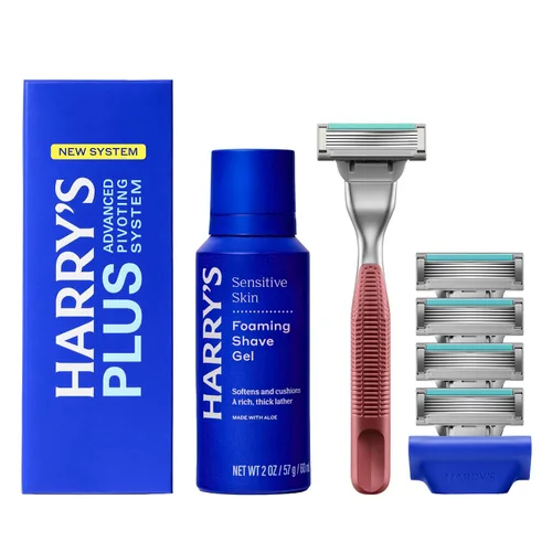 Harry's Kit de afeitado Plus para hombres, mango premium, 5 cartuchos de hoja de afeitar, gel de afeitado espumoso y cubierta de hoja de viaje,