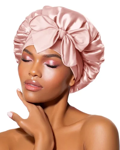 Miniatura 41 de Gorro de satén de seda para dormir con banda ancha para cabello rizado, color rosado oro rosa claro