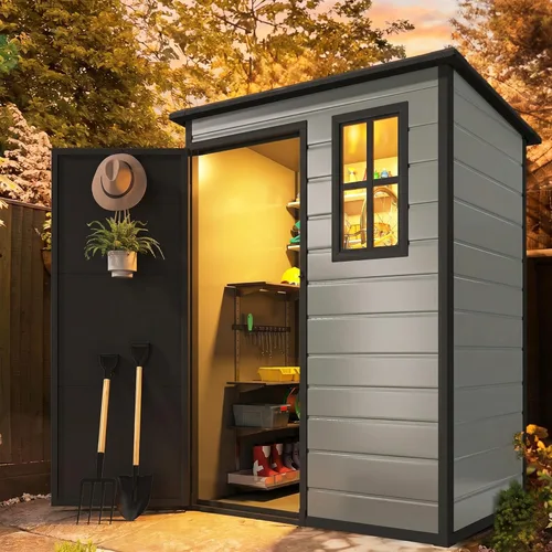 Miniatura 14 de DWVO Cobertizo de almacenamiento para exteriores de 5 x 3 pies con estilo de valla y ventanas laterales, piso y puertas con cerradura, cobertizo
