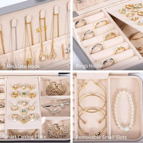 Miniatura 4 de KCY Joyero para mujeres y niñas, estuche organizador de joyas de viaje pequeño, de piel sintética, portátil, cajas de almacenamiento para anillos