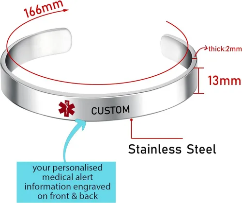 Miniatura 3 de LoEnMe Jewelry Pulseras de alerta médica personalizadas para hombres y mujeres, personalizable, grabado gratuito, acero inoxidable, pulsera