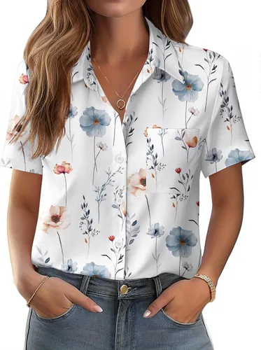 Miniatura 15 de Zeagoo Blusa de manga corta con botones para mujer, con bolsillo en el busto, para negocios, casual, para el trabajo, trajes de verano