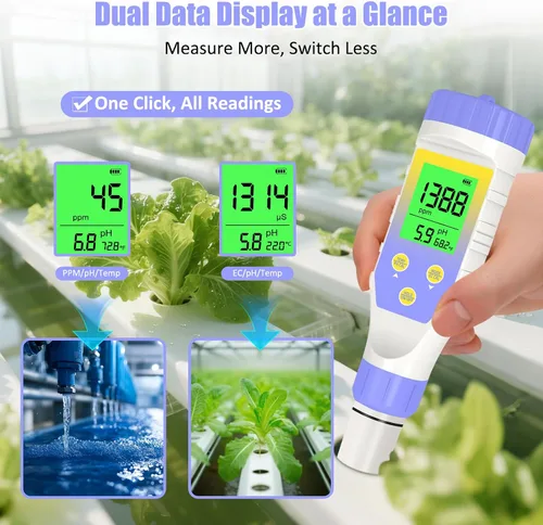 Miniatura 3 de Medidor de pH para hidroponía de agua, probador de sal TDS EC de pH 5 en 1 para solución nutritiva de agua, visualización simultánea de temperatura