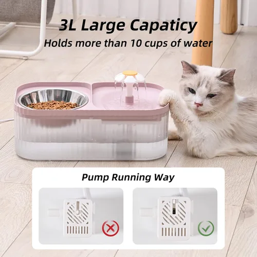 Miniatura 2 de Fuente de agua para gatos y cuenco de alimentos, dispensador de agua ultra silencioso para mascotas de 3L/101oz con bomba inteligente y 3 filtros