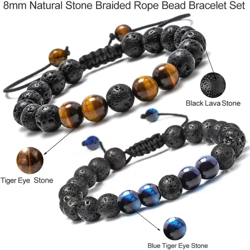 Miniatura 6 de M MOOHAM - Pulseras de piedra natural para hombre, ojo de tigre de 516 de pulgada, ágata mate, piedra de lava, regalos para niños y adolescentes