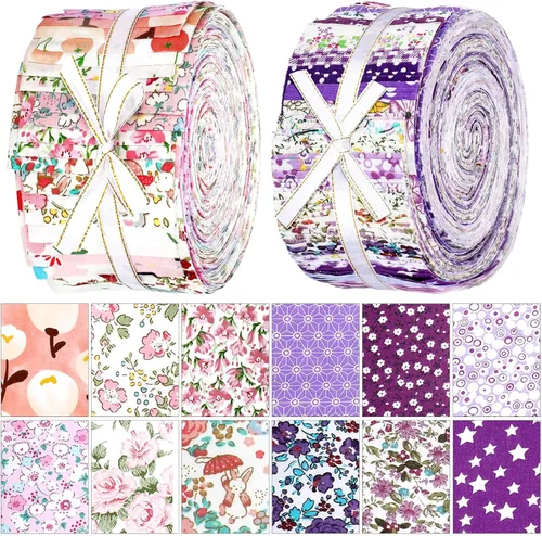 Ganeen 100 piezas de rollo de tela para acolchado floral rosa y morado, cuadrados de tela de 2.56 pulgadas, tiras de tela de jalea precortadas para