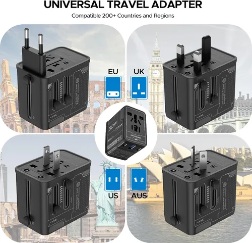 Miniatura 3 de Adaptador de viaje universal de 30 W GaN, KEY POWER Adaptador de corriente internacional todo en uno con 2 USB-C y 1 USB-A, convertidor de enchufe