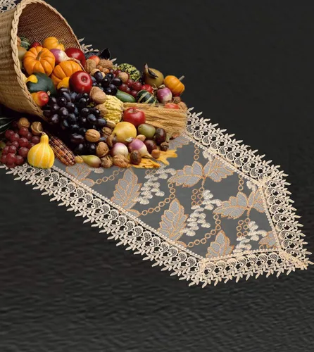Miniatura 5 de Pequeños tapetes de mesa de encaje de cosecha de otoño para vacaciones de Acción de Gracias, hojas de roble bordadas en gasa transparente