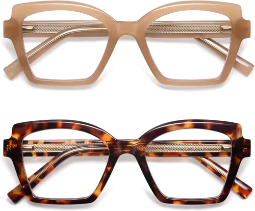 AMOMOMA Paquete de 2 lentes de lectura modernos con diseño de ojo de gato para mujeres y hombres, elegantes lentes cuadrados con bloqueo de luz azul