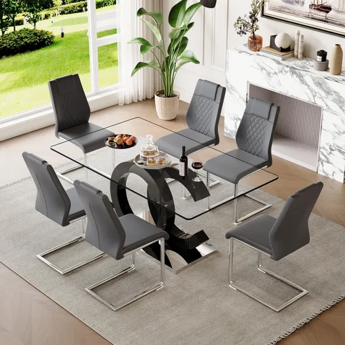 Miniatura 32 de gopop Mesa de comedor de cristal de 63 pulgadas, mesa de cocina moderna, mesa de comedor de vidrio transparente con patas de diseño único negro