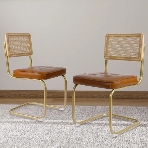 Miniatura 16 de CangLong Juego de 2 sillas de comedor de terciopelo, sillas de comedor de ratán con patas de metal y respaldo de ratán de malla natural, sillas