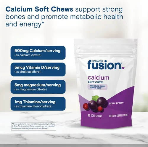Miniatura 5 de Bariatric Fusion Citrato de calcio con sabor a uva de arándano, 500 mg y vitamina bariátrica para masticar suave con energía, pacientes de cirugía
