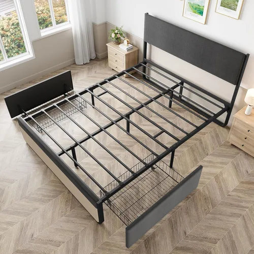 Miniatura 7 de Base de cama tamaño Queen con cabecera y 2 cajones de almacenamiento, base de colchón con soporte de listones de metal, no necesita somier, sin