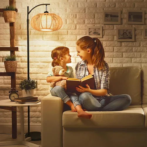 Miniatura 7 de ZECOXOL Lámparas de pie de arco para sala de estar, dormitorio, lámpara de pie bohemia de ratán con control remoto, lámpara de pie LED regulable