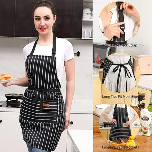 Miniatura 2 de RUIBOLU Delantal ajustable con 2 bolsillos, delantales de algodón para cocinar, para mujeres, hombres, chef restaurante, barbacoa, pintura Rayas