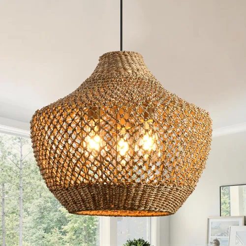 Miniatura 10 de Lámpara colgante de ratán de 3 luces, estilo bohemio, tejido de mimbre, costero, para colgar en el techo, para cocina, isla, sala de estar, comedor