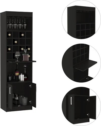 Miniatura 4 de Armario alto de bar con 16 estantes para vino y soporte para vasos, armario de licor de granja con 2 puertas, estante abierto, bandeja extraíble