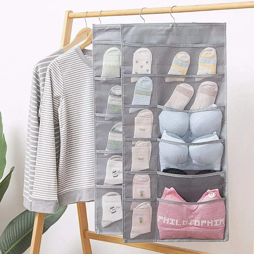 Miniatura 6 de Organizador colgante de armario con bolsillos de malla y gancho de metal giratorio, estante de pared de doble cara, bolsas de almacenamiento