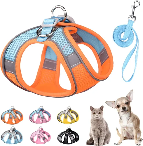 Miniatura 8 de Juego de arnés y correa suave para perros pequeños y pequeños, arnés de malla para cachorros, correa de fácil paseo, chaleco ajustable reflectante