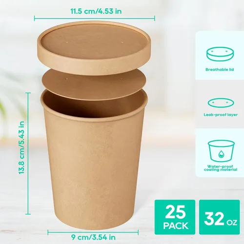 Miniatura 2 de JOLLY PARTY Paquete de 25 envases de papel para sopa con tapas de 32 onzas, vasos desechables de papel para comida, vasos para helado