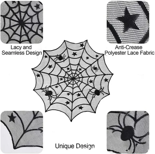 Miniatura 8 de Camino de mesa de Halloween, mantel redondo de encaje de araña de 40 pulgadas, mantel de Halloween para cena de Halloween (negro)