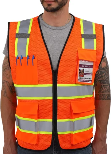Dib Safety - Chaleco reflectante de malla de alta visibilidad de dos tonos con bolsillos y cremallera, conforme a la clase 2 ANSI, malla naranja con