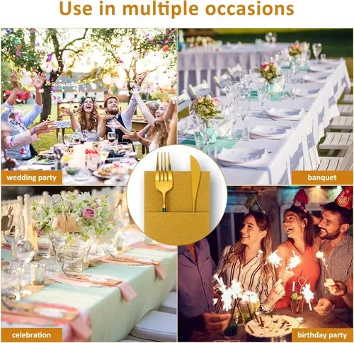 Miniatura 7 de Cindeer 75 piezas de servilletas doradas de lino con sensación de cena, con bolsillo plano incorporado para cubiertos, preplegadas, servilletas