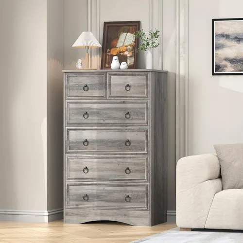 Miniatura 5 de VVFLU Cómoda gris de 48 pulgadas de alto con 6 cajones para dormitorio, organizador de almacenamiento grande para ropa, para sala de estar, Gris topo