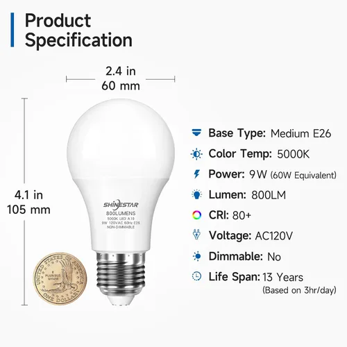 Miniatura 2 de SHINESTAR Bombilla LED de base E26 de 5000 K, 800 lúmenes, equivalente a 60 W, bombilla LED blanca A19 de 9 W, 80+CRI, bombillas de luz diurna