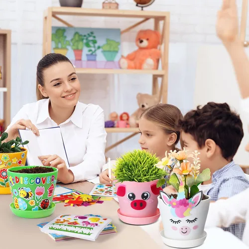 Miniatura 7 de Capoda Juego de 24 macetas de jardín, kit de manualidades, macetas de plástico de primavera para vivero con calcomanías, tablas de crecimiento