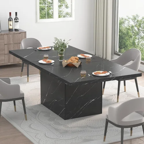 Miniatura 7 de HSH Mesa de comedor de 55 pulgadas para 4, moderna mesa de comedor de mármol sintético negro, mesa de cocina rectangular con pedestal resistente