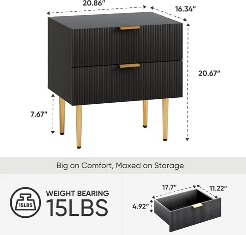 Miniatura 2 de Mesita de noche, mesita de noche negra y dorada con panel estriado, mesa de cabecera con 2 cajones, mesita de noche moderna grande de mediados